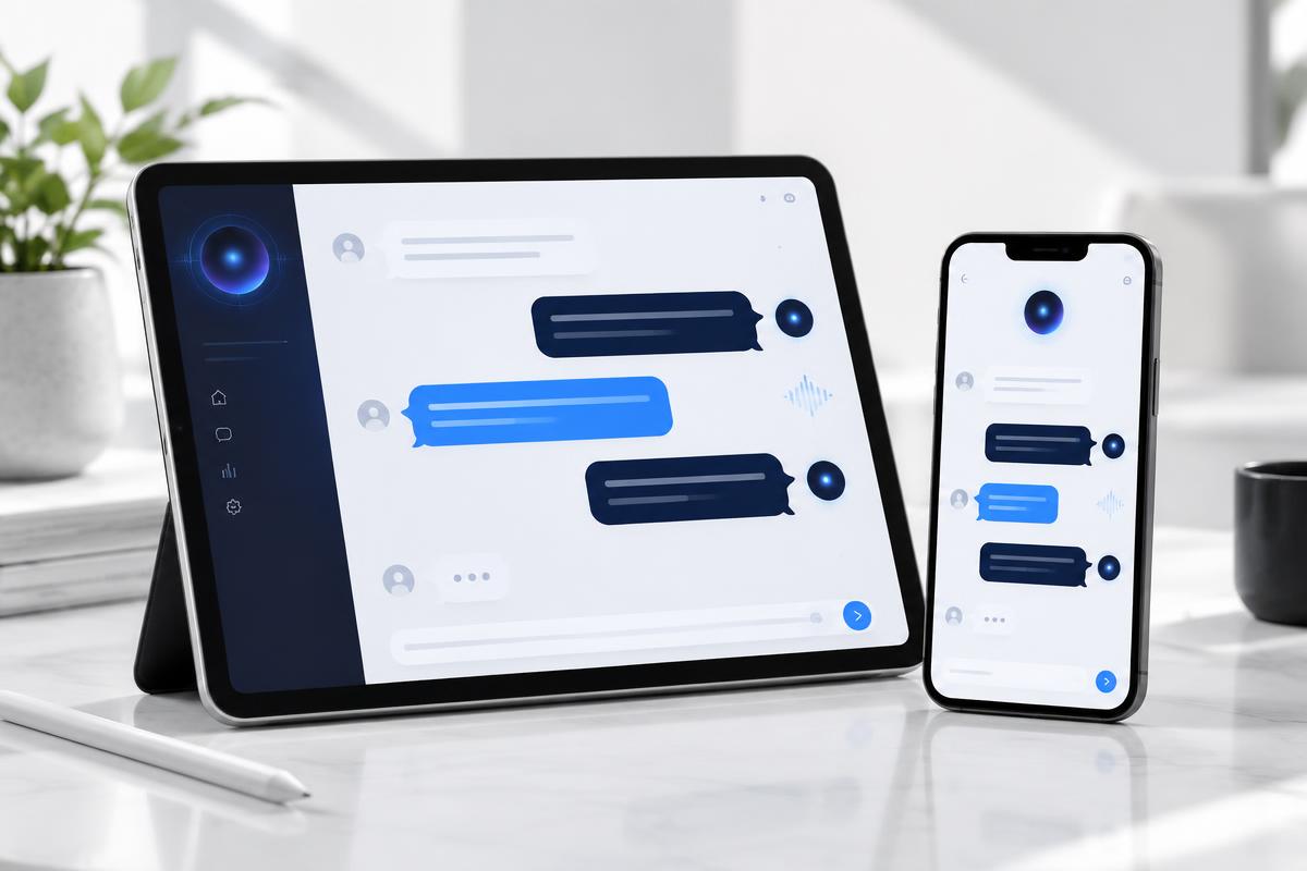 Konsep tampilan chatbot AI pada tablet dan ponsel