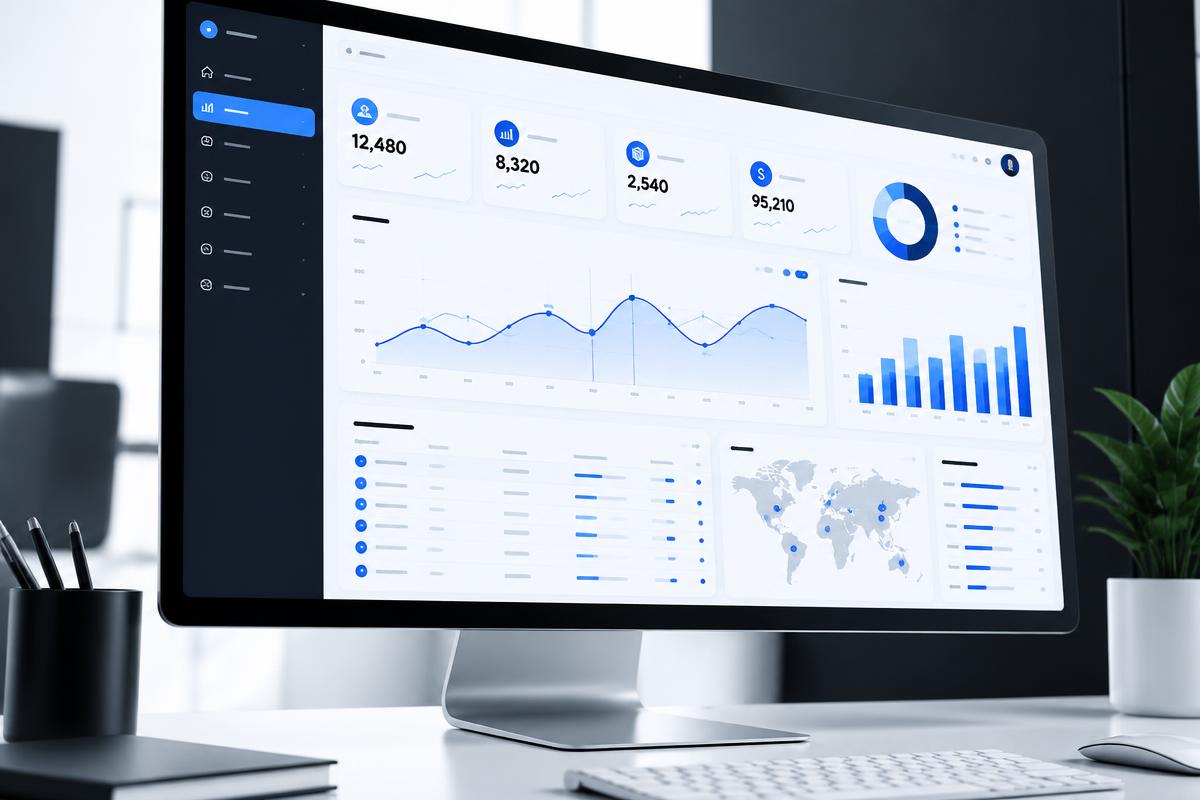 Konsep dashboard aplikasi web dengan grafik dan panel analitik biru